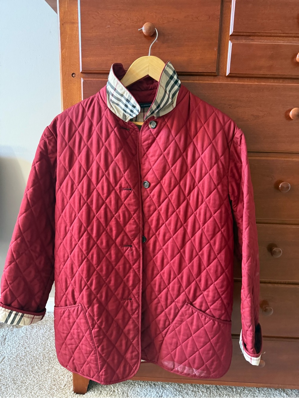 Burberry Quilted Red Jacket with Signature Plaid Trim
